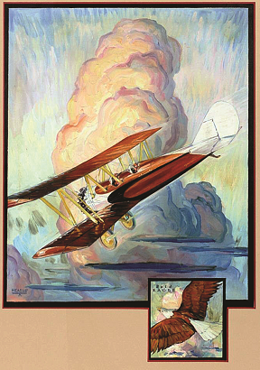 Colorful painting of a biplane soaring through clouds