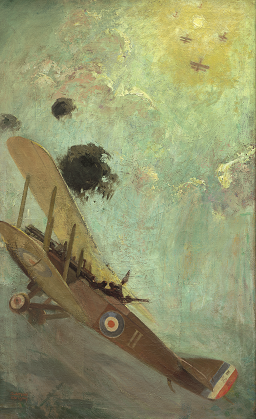 Painting of a WWI biplane in aerial combat