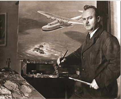An aviation artist painting an airplane at his easel